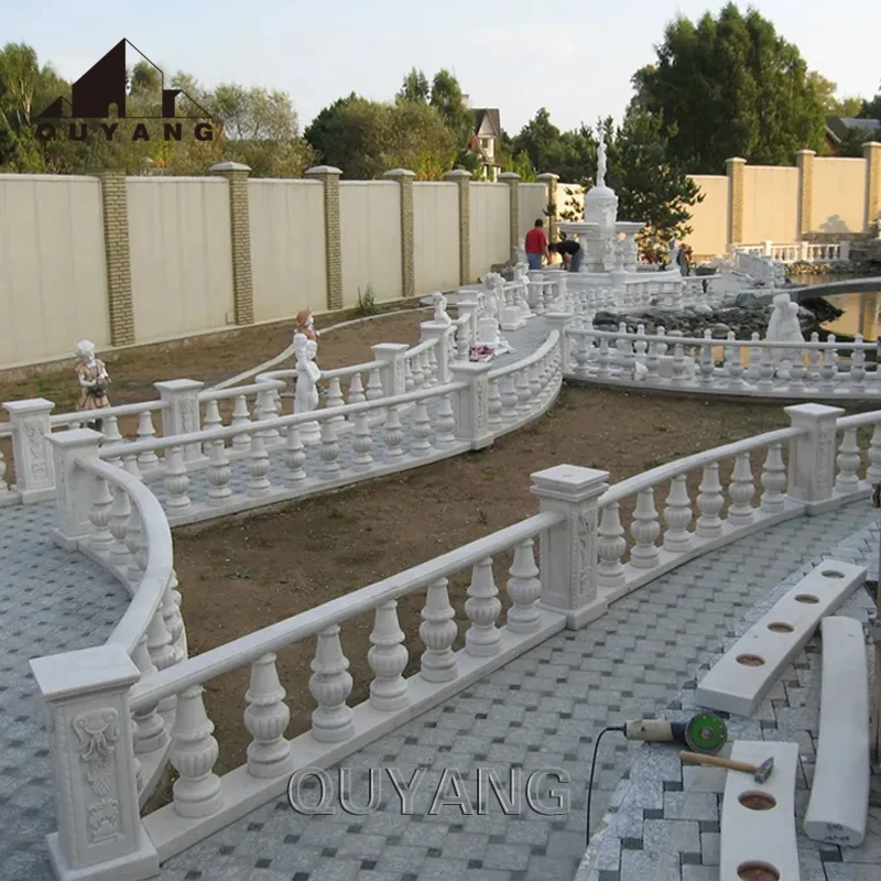 QUYANG Outdoor Garden Decor Modern Railing Design Hand Carved Natural Stone Balusters White Marble Handrail