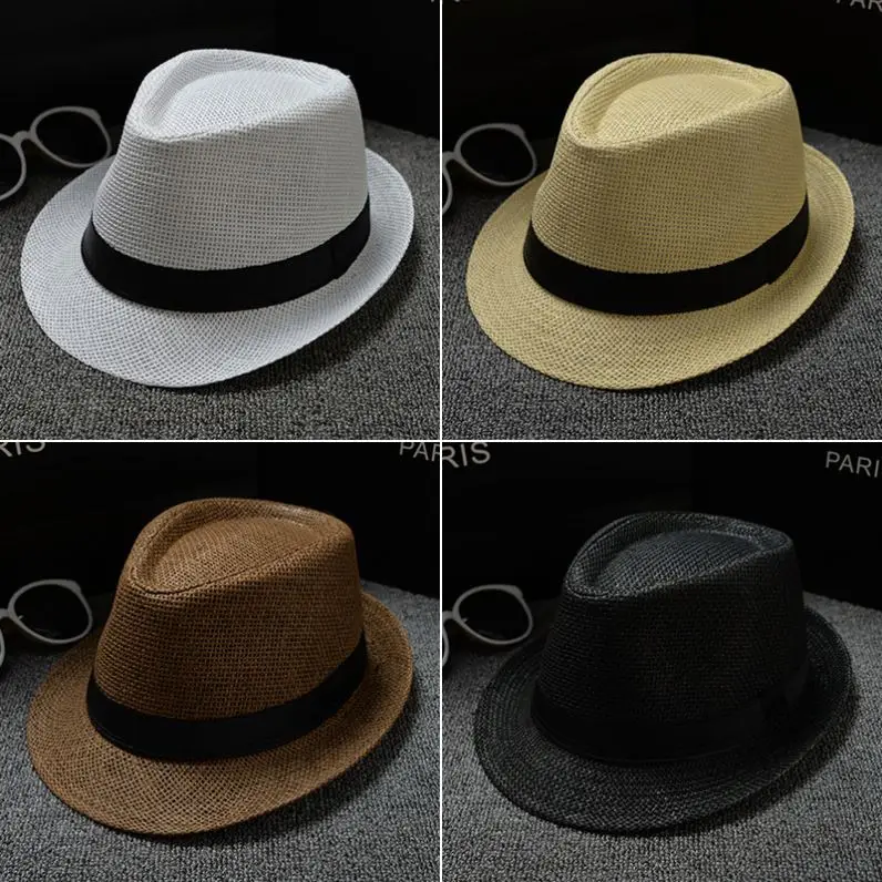 Men Women Summer Beach Jazz Panama Trilby Fedora Straw Dress Hat Male Short Brim Beach Cap Sun Hat