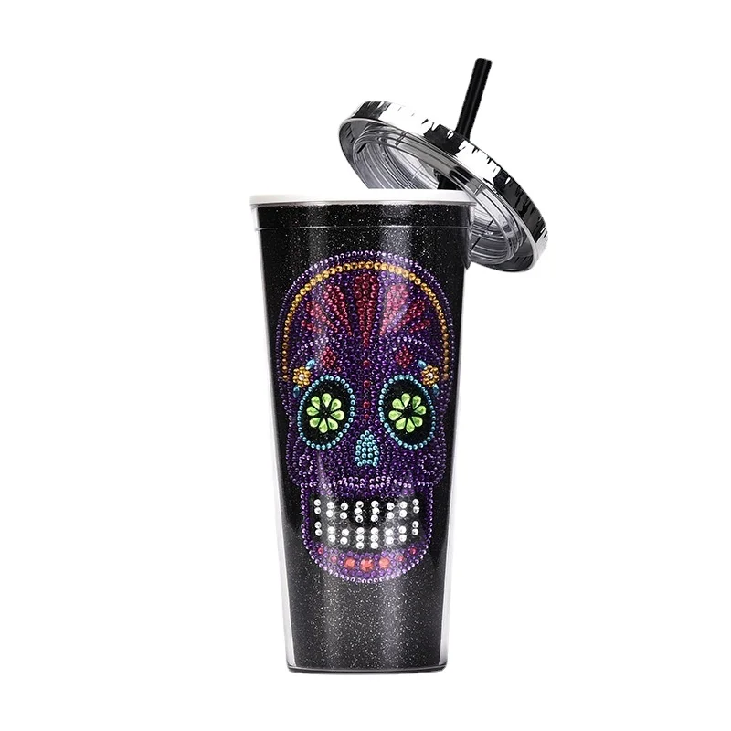 Template Double-layer Plastic Straw Halloween Skull Head Water Cup