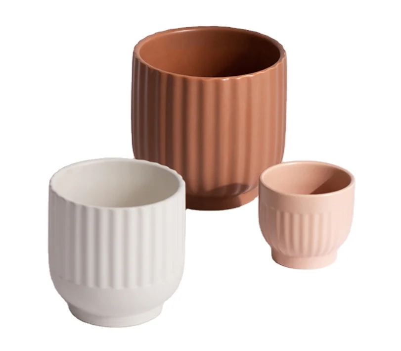 Garden Supplier Manufacture Ceramic Planter Pots for Indoor Herb Garden Modern Flower Pots Stripes Design Fashion Solid Glazed