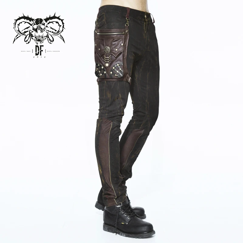 PT079 Devil fashion detachable leather bag brown men steampunk slim trousers