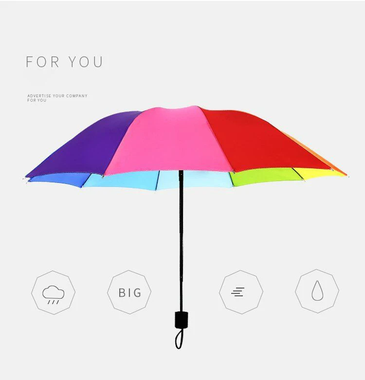 DD3489  Windproof 3 Fold 10K Manual Sun Umbrella Promotion Stick Rain Umbrellas 10K Automatic Colorful Rainbow Umbrella