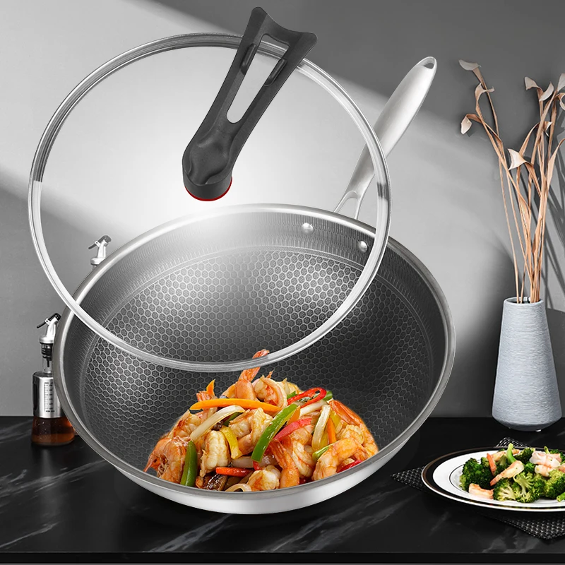 Good Quality Thickened Stainless Steel Wok Honeycomb Nonstick Frying Pan With Glass Lid