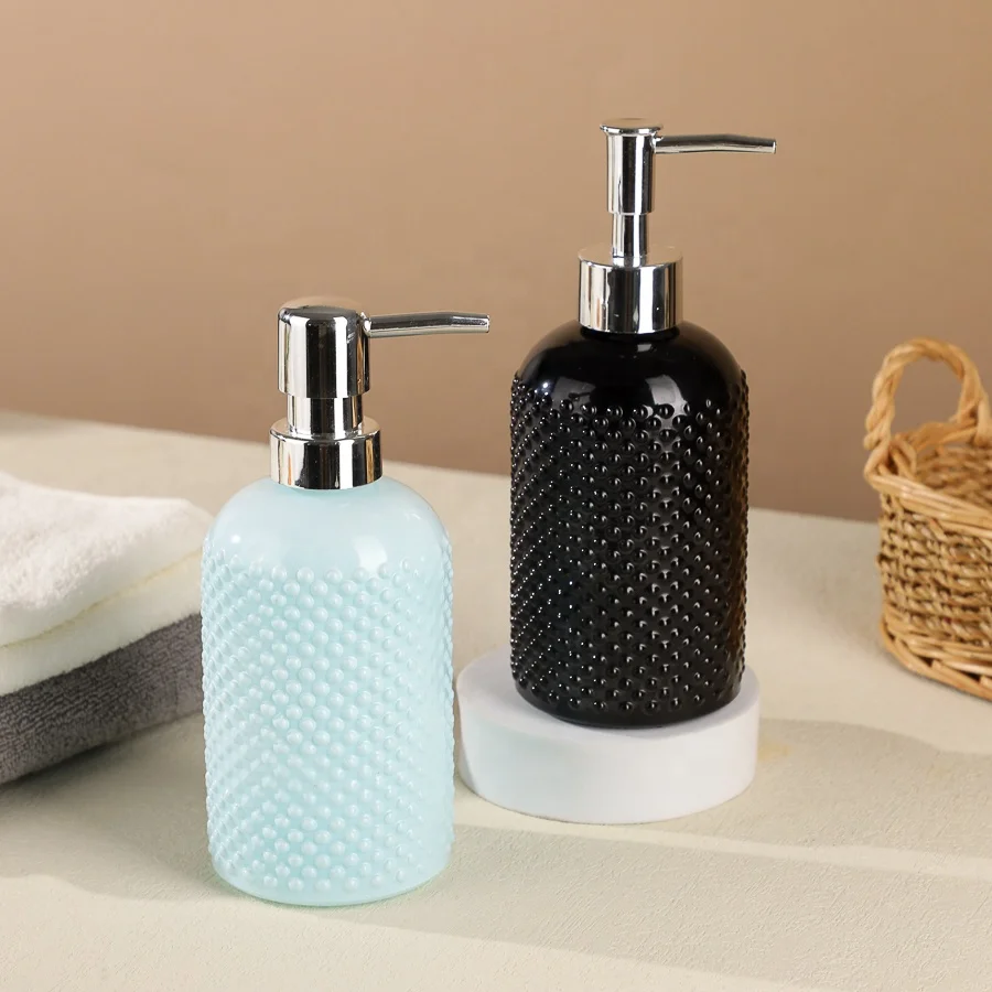 Bubble Design 400ml White Black Blue Color Glass Bottle With 28mm Silver Pump Refillable Lotion Bottle