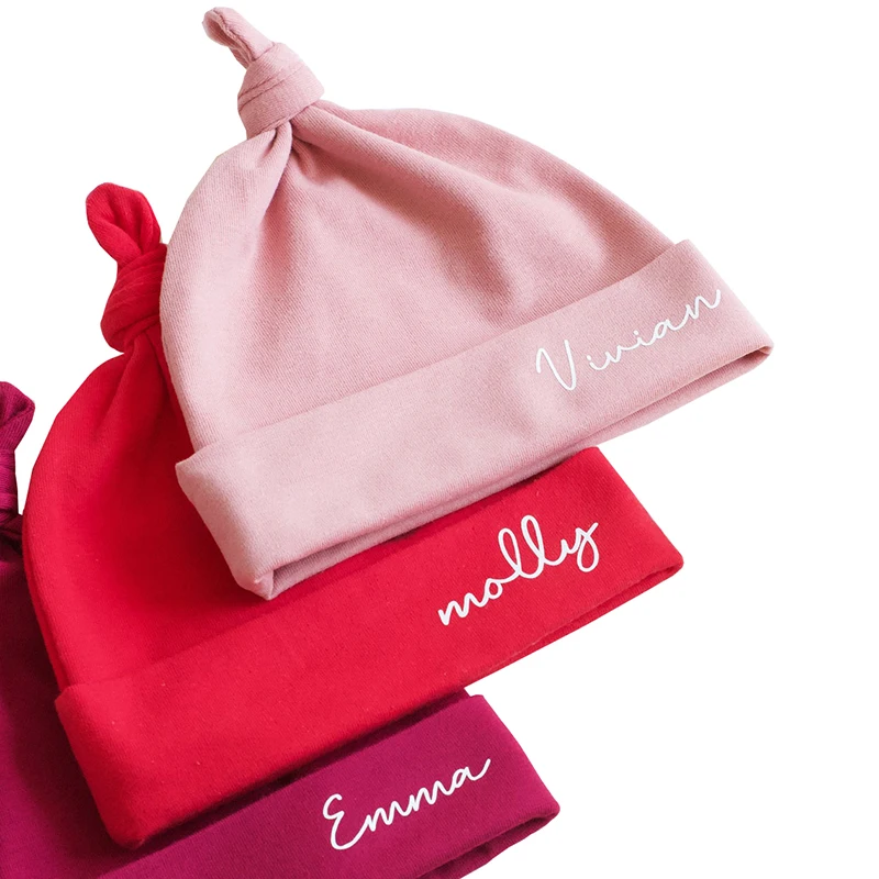 Cheap Newborn Baby Hospital Knotted Beanie Gift Soft Cotton Fabric Custom Print Kids Name Baby Hats