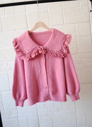 New design women ruffle  knitted cardigan lantern sleeve sweater cardigan