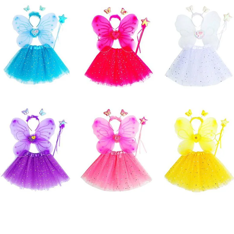 Mardi Gras Carnival Cosplay Costume Performance Clothes Hair Band Fairy Stick Tutu Skirt Dress Bee Wings 4-Piece Set