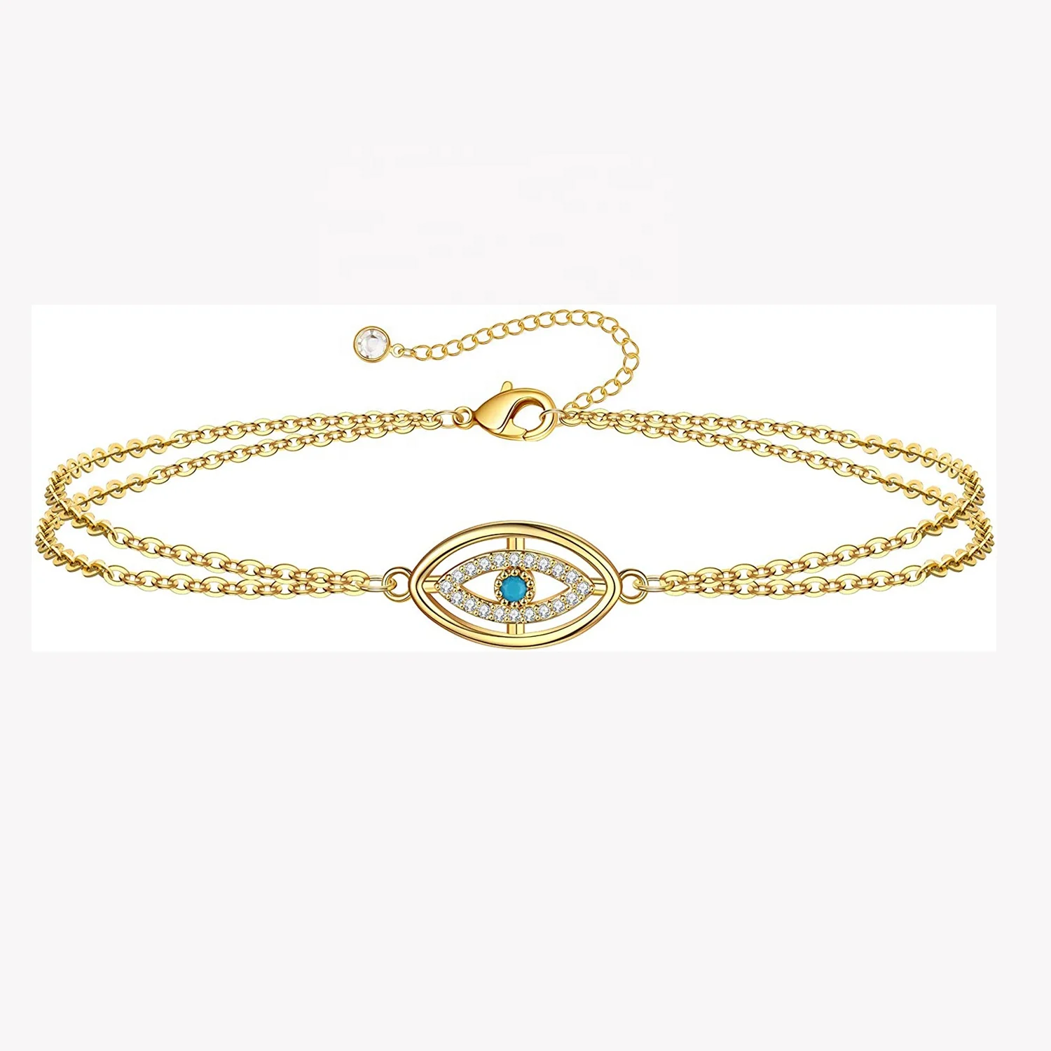Drop shipping Wholesale Stainless Steel Jewelry Double Chain Custom Gold Plated Blue Evil Eye Charm Bracelet 18K