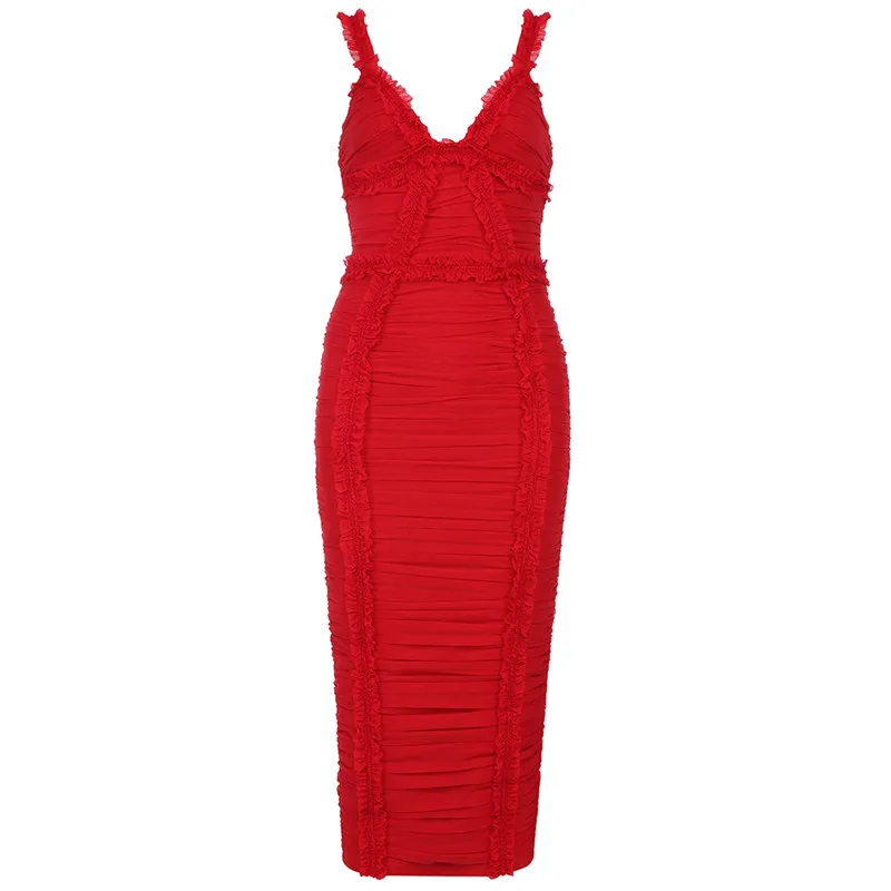 C2318 Women Christmas Dress Red Halter Pleat Bodycon Ladies 2024 Evening Dress