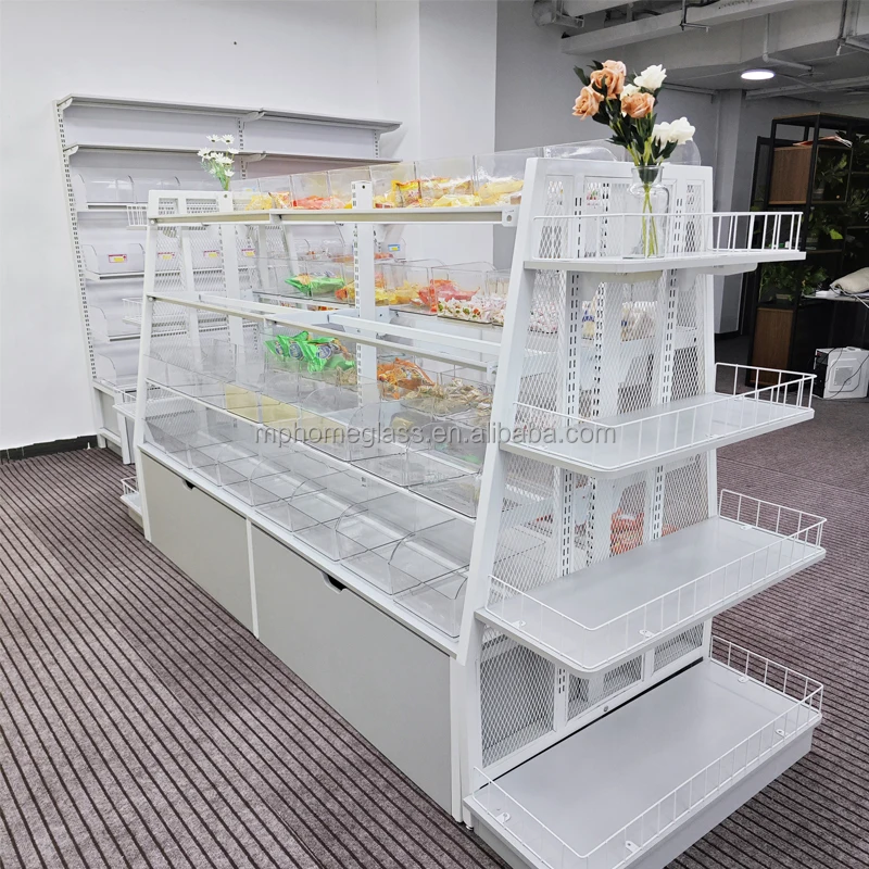 Factory Custom Candy Shop Shelves Double side Design Gondolar Display Racks Stand for supermarket Groceries and Snacks