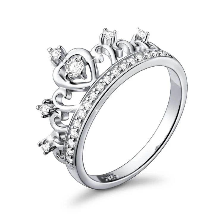 Korean Style Luxury 925 Sterling Silver Princess Heart Crown Tiara CZ stone Ring