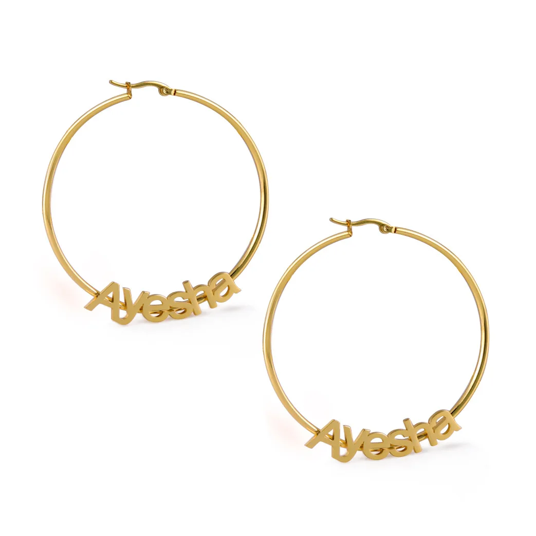 18k Stainless Steel Custom Name Hoop Earring Plate Silver Large Gold Plated Korean Style Earrings Women Bulk Hoops Custom Word