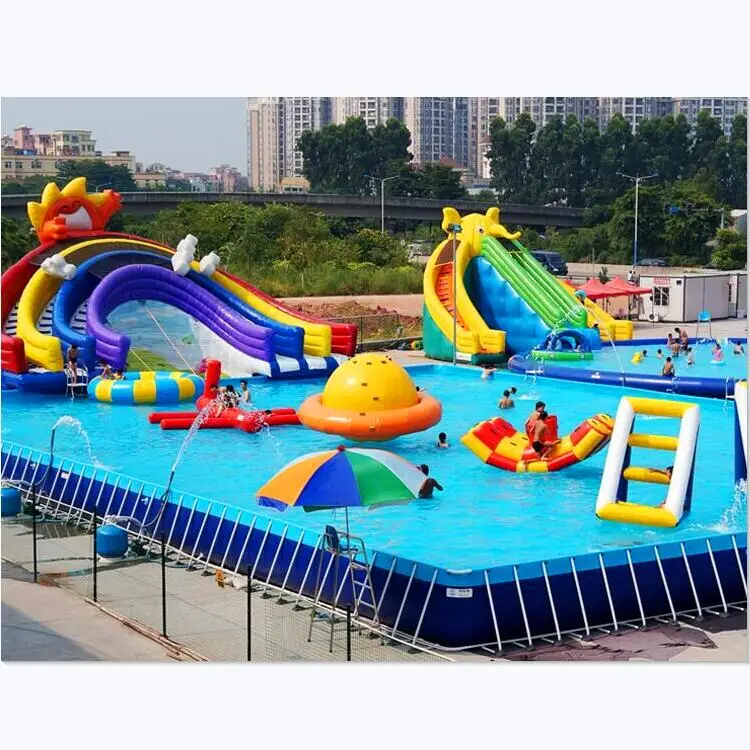 Hot selling rainbow theme inflatable water slide with metal frame swimming pool inflatable water park for kids and adults