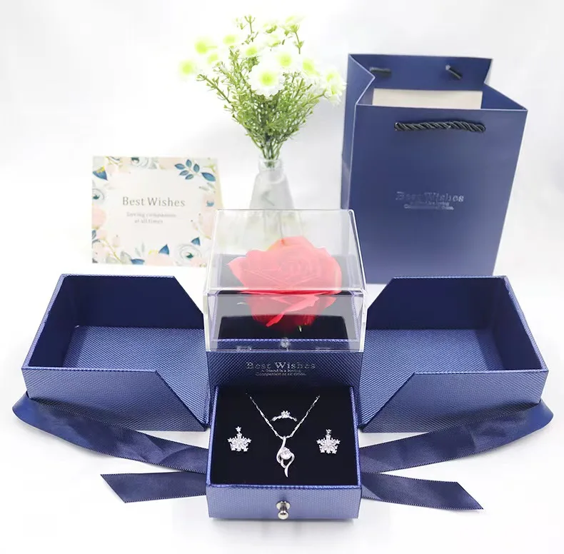 flower Valentine  Acrylic Eternal Roses Jewelry Gift Box stock Preserved Real Rose Flowers With Jewelry Box