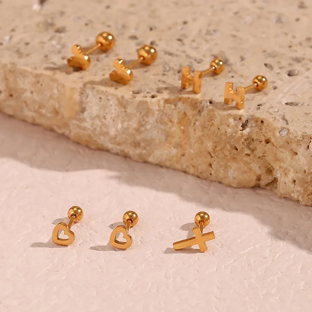 18K Gold Plated Piercing Jewelry 316L Stainless Steel Cross Stud Earring Letter H Hollow Heart Nose Stud Set
