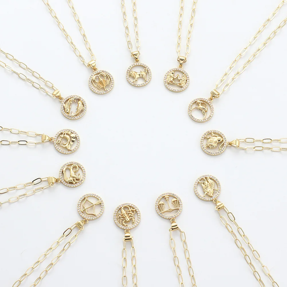 Birthday Gift Inlaid Zircon 12 Zodiac Sign Pendant Necklaces Wish Card Charm Gold Chain Choker Astrology Necklace