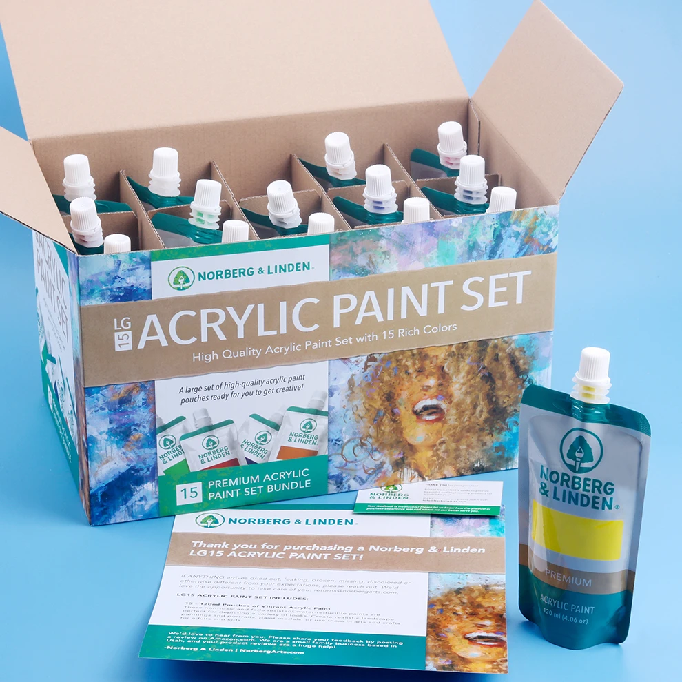 Hot Sale Non-Toxic 15 Colors Plastic Bag packed 120ml Acrylic Paint Set in Color Box