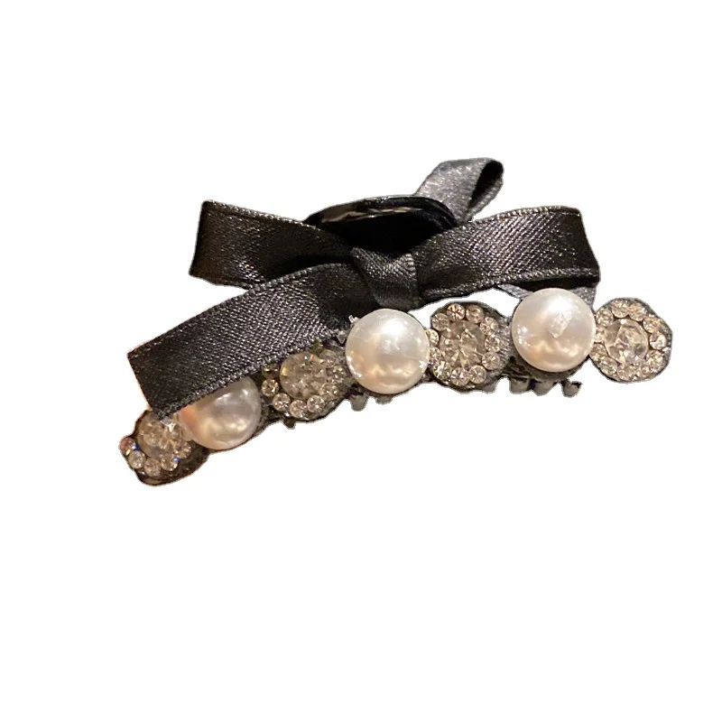 Korean Net Celebrity Black Bow knot  with  Pearl and Rhinestone Decorated Hair Claws Shark Clip for Women Girls