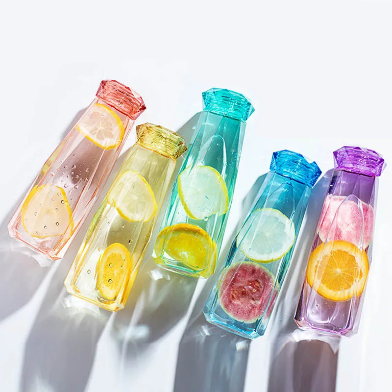 Wholesale crystal water bottles 600ml transparent diamond shape lid colorful sport clear drinking plastic bottle