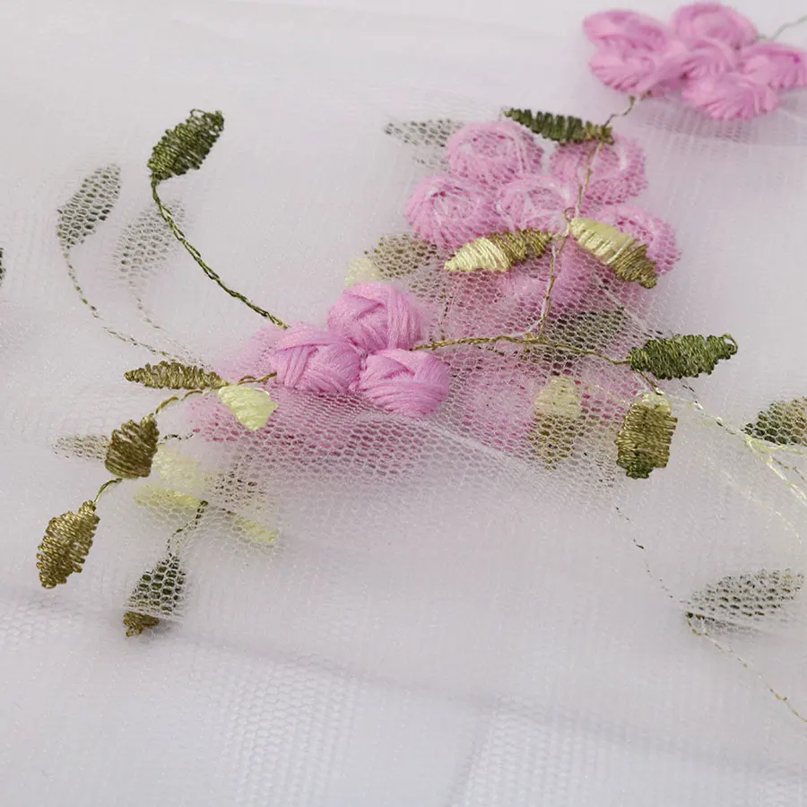 High Quality Lovely Pink and White 3D Laser Cut Embroidered Embroidery Lace Fabric for Wedding
