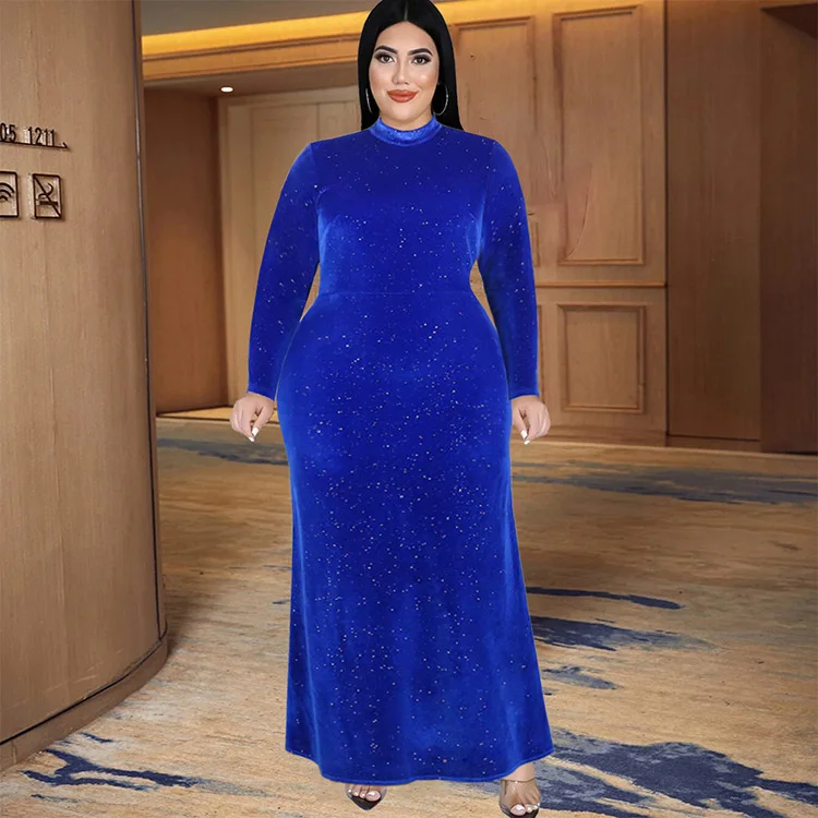 Женская Осенняя блестящая одежда вельветовое Королевское синее повседневное Макси-платье большого размера с ложным воротником