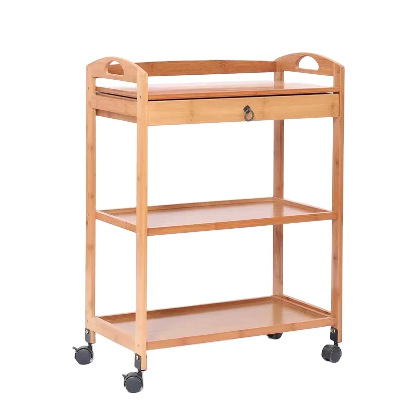 Diyue 3-Tier Bamboo Wood Serving Trolley with Drawers Storage Rack Serving Trolley Island Cart with Wheels