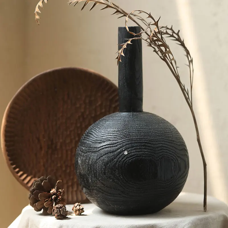 Black Round Ball Solid Wood Fine Mouth Vase Round  Retro Homestay Zen Japanese Style  Design Decor