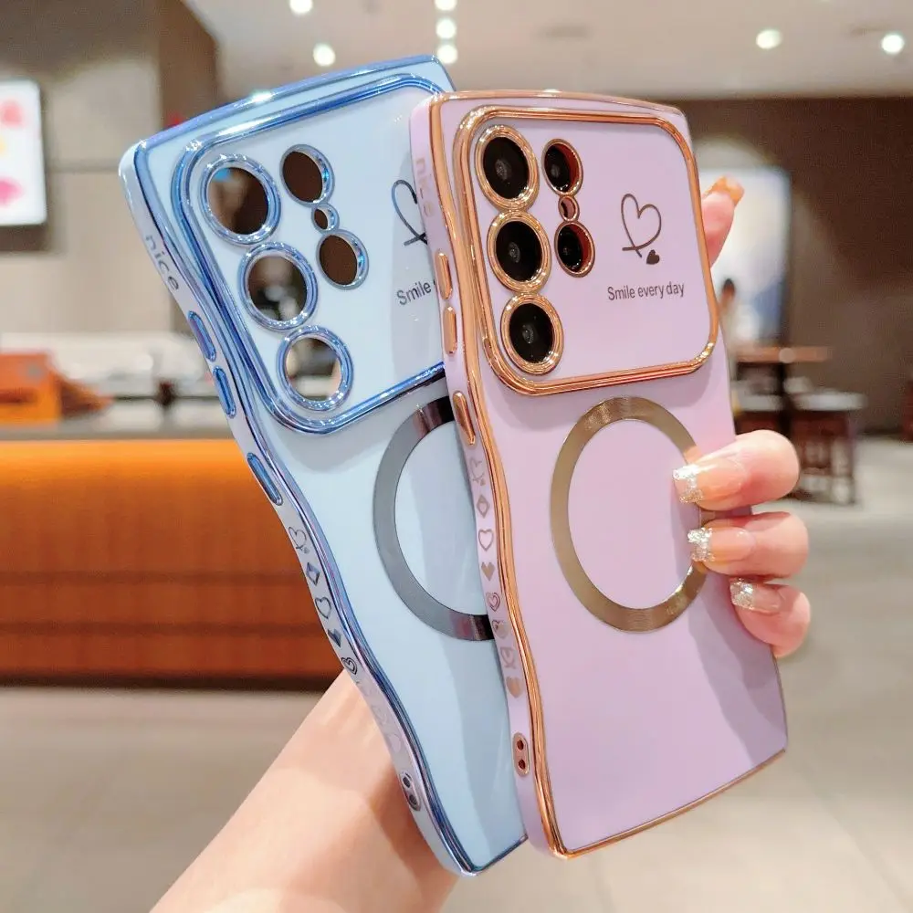 Korea Cute Fashion Phone Case Wave Design for Samsung S24Ultra S24Plus S22 S23U Soft Plated Magneic Mobile Phone Cover