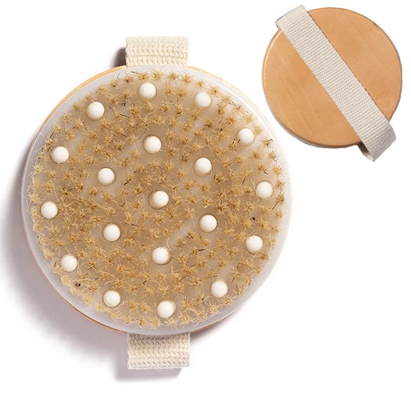 Custom Logo Round Wooden Exfoliating Massage Bath Brushes Boar Bristle Dry Skin Body Bath Brush