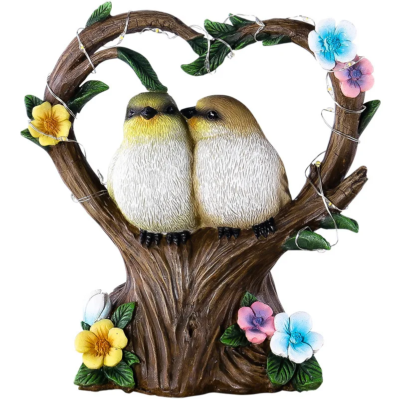 Creative garden solar night light heart-shaped simulation couple bird resin statue balcony yard layout outdoor decor ornaments