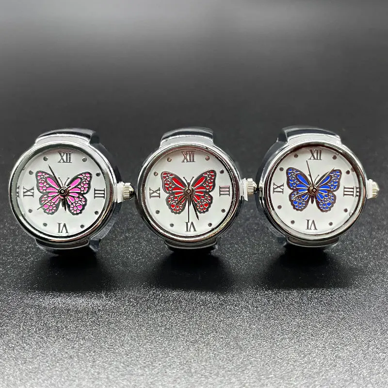 Custom logo Finger Watch Ring Dial Quartz Elastic Adjustable Watchband Steel Mini Butterfly Watches Ring With Extra Battery