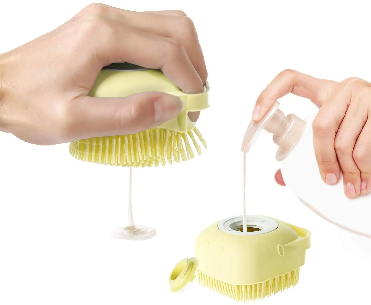 Multi- functional design Pet cleaning grooming tool 2 in 1 dog bath brushes Square massage shampoo dispenser Puppy body brush
