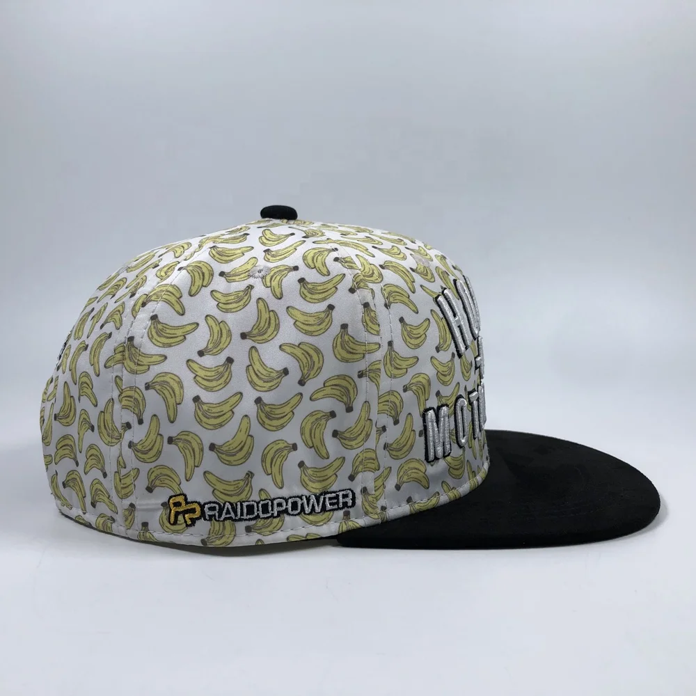 OEM customized banana sun caps for men two tones 3d embroidered woven tags full print sublimation custom logo snapback hats