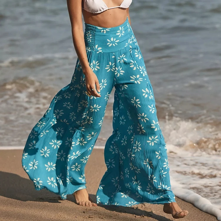 2022 new arrival spring summer women printed wide leg holiday beach holiday pleated wide leg pants