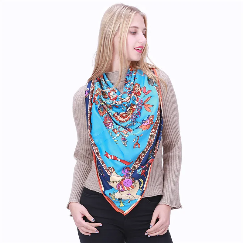 Wholesale 2020 hot sale large square female foulard 130*130cm luxury brand printed women twill silk square scarf shawl