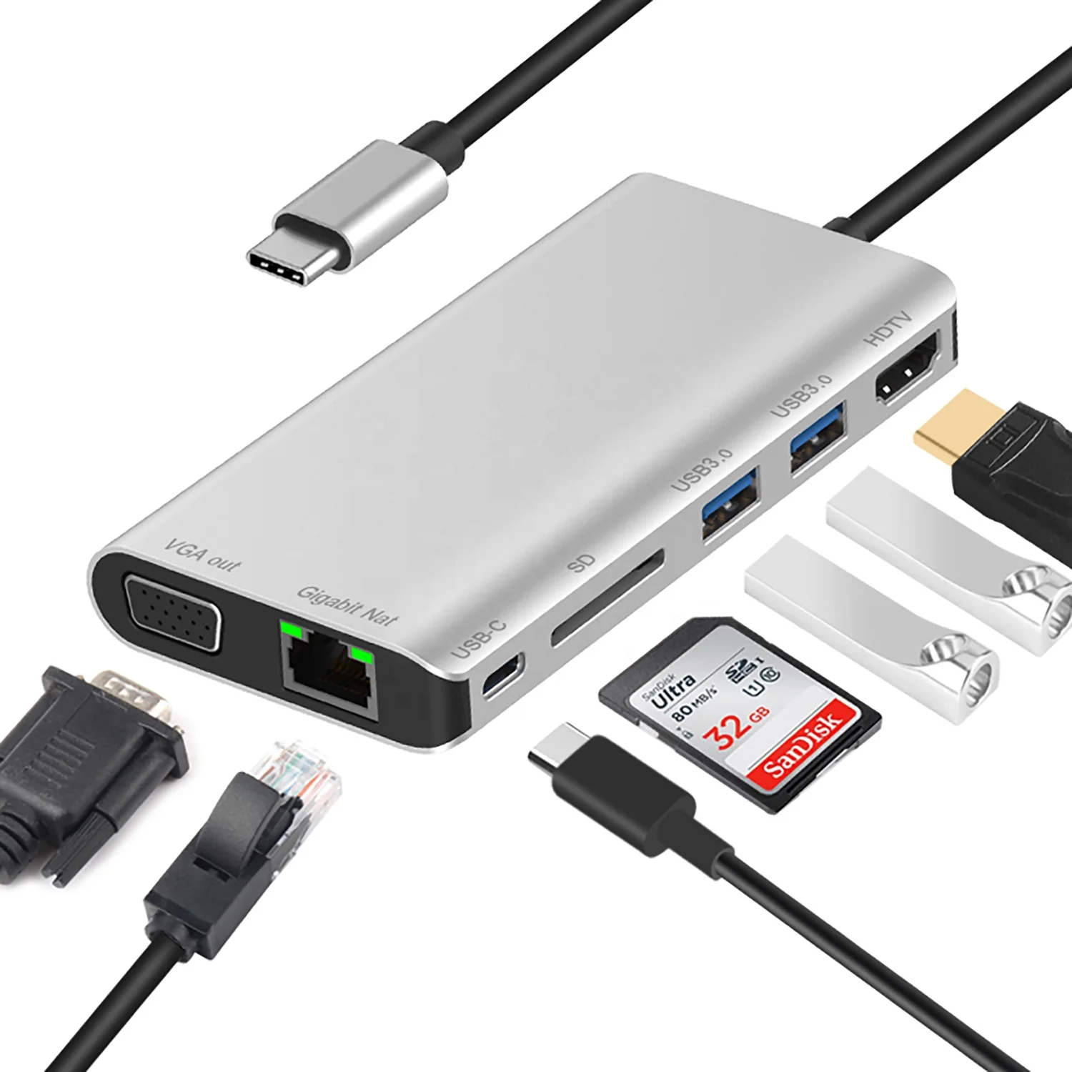  7 в 1 адаптер типа c концентратор USB C USB3.1 для HDMI 2 * 3 0 SD карта с RJ45 и