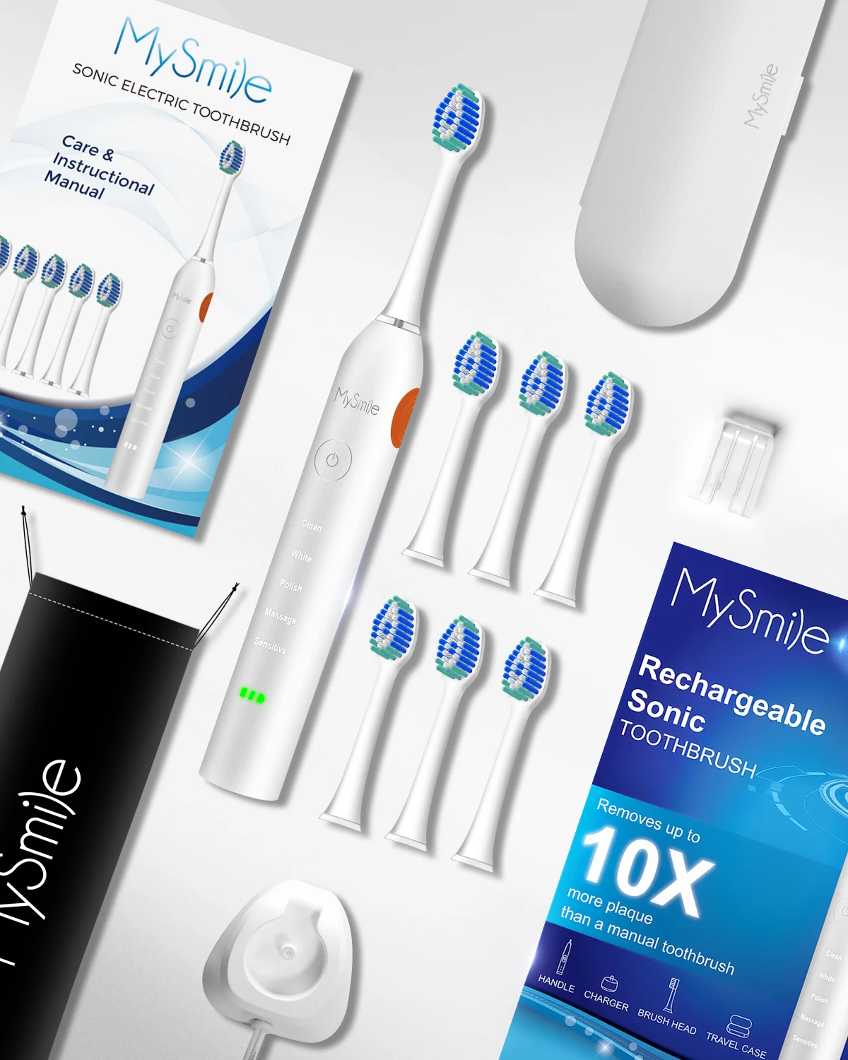 Sonic Powerful Electric Toothbrush with Timer Accepted Rechargeable 5 Modes 3 Cleaning Replacement Heads