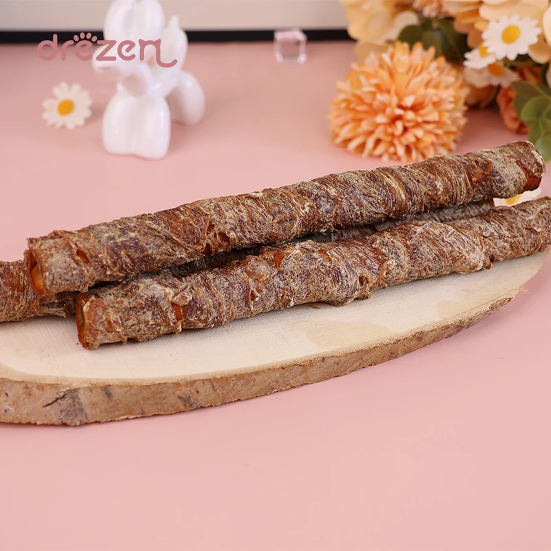 Drezen Brand Customizable Pet Treats Cowhide Stick with Chicken Duck Windings for Teething Flavor Can Be Personalized