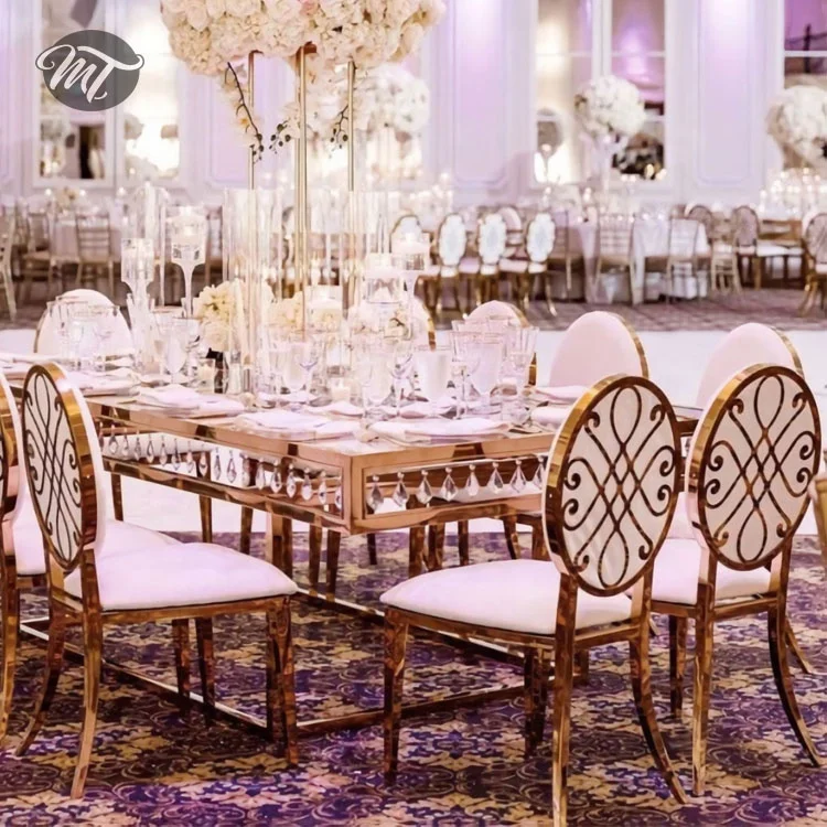 Modern gold wedding dining chairs and buffet tables with glass top