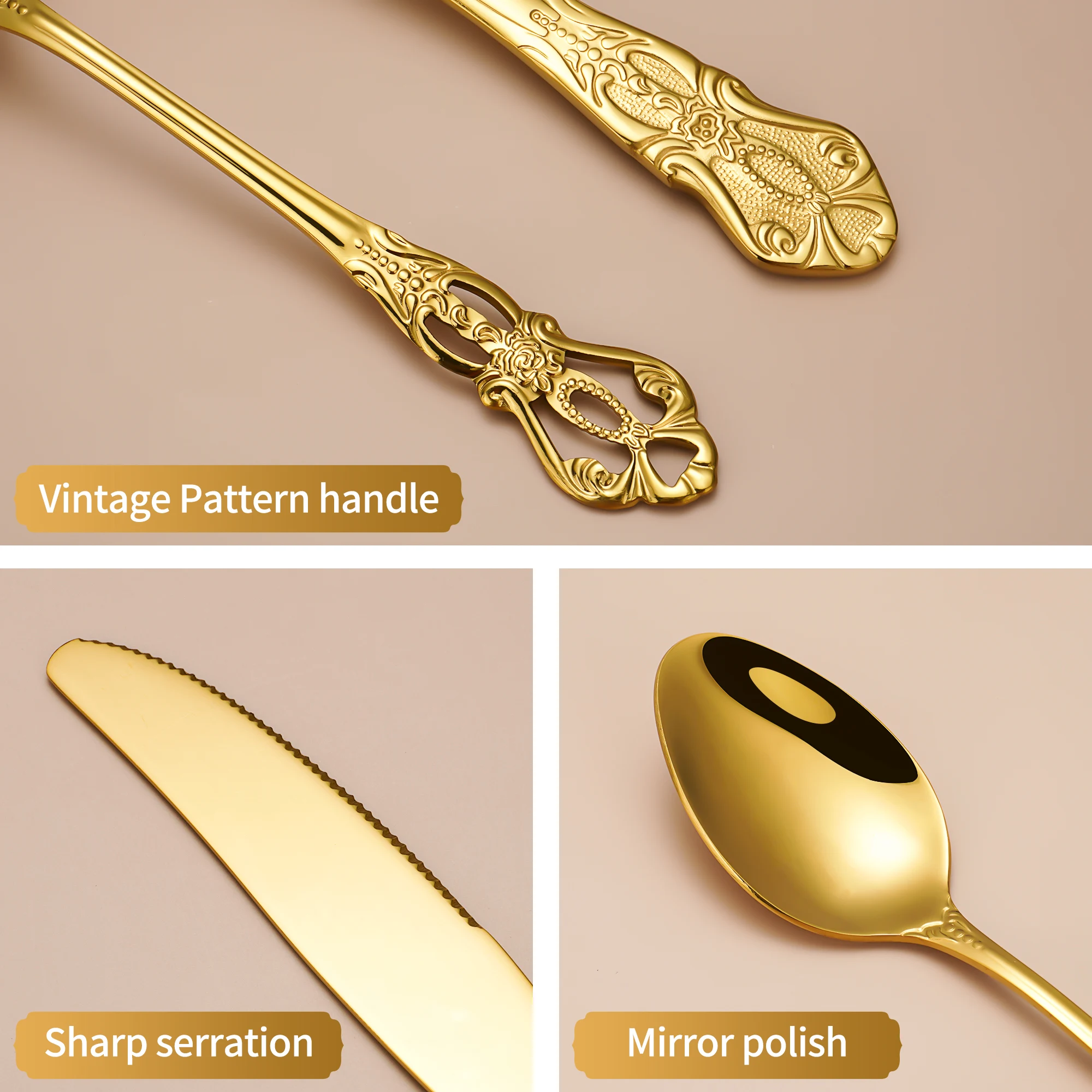 Elegant Vintage Silverware Stainless Steel Flatware Mirror Polish Spoon Fork Knife Gold Cutlery Set For Wedding