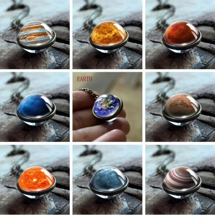 Crystal Ball Universe Mars Earth Saturn Planet Necklace Double Sided Glass Designer Solar System Nebula Galaxy Star Pendant XP