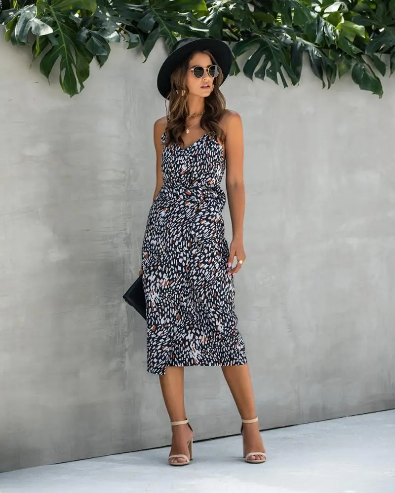 
Mid-Calf Dresses Length Front Split Lace-up Strap Flower Print Women Latest Dress Design 2020 Summer Dress 100% Cotton 