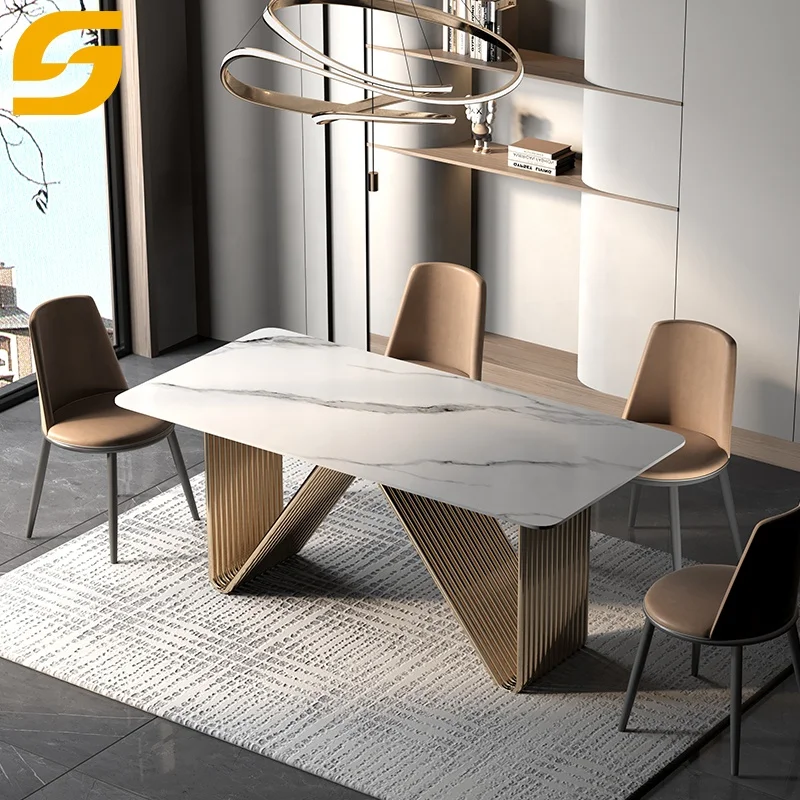 Modern Home Furniture Simple Luxury Design 6 Seater Dining Table Set Stainless Steel Base Rectangle Sintered Stone Dining Table