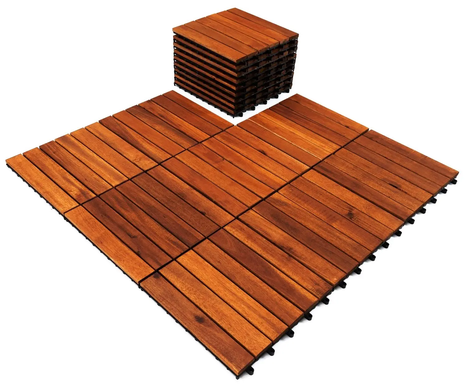 bamboo Solid Wood Interlocking Flooring Tiles (Pack of 9), Acacia Hardwood Deck Tiles with different color and pattern