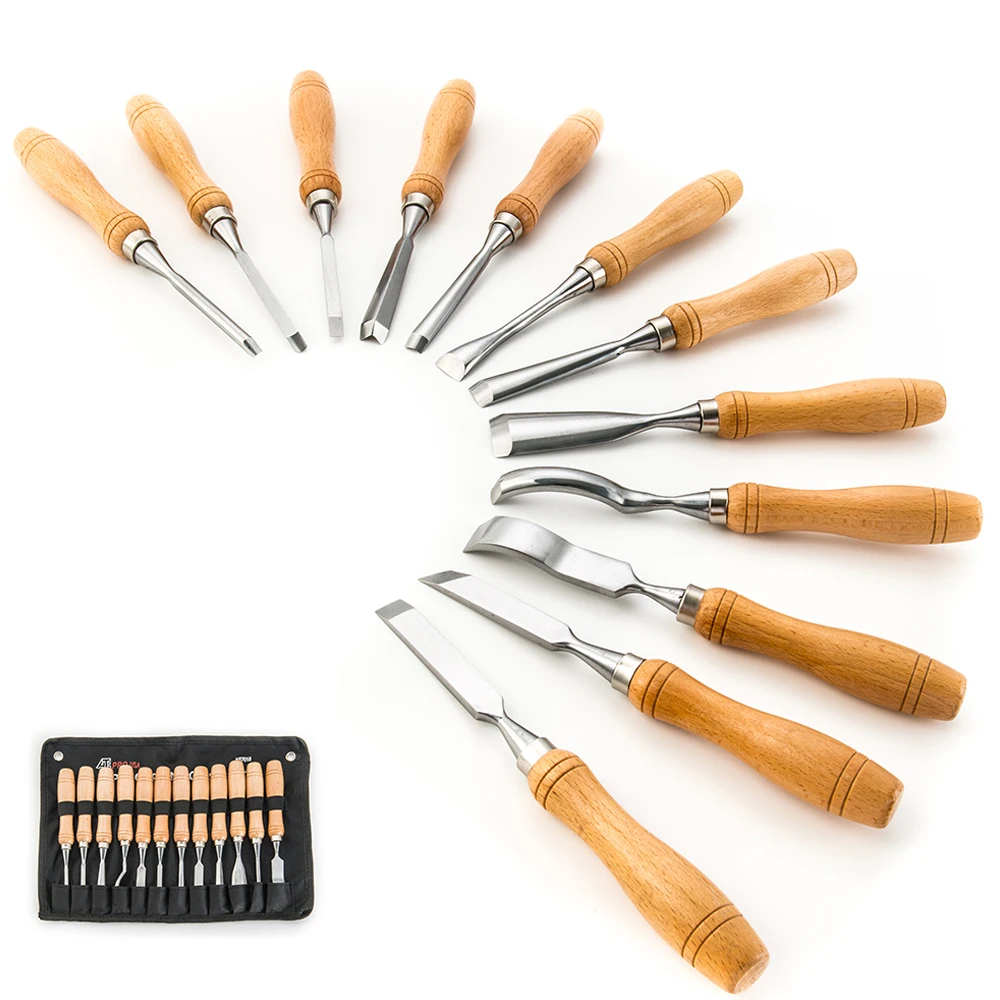 12pcs polishing heat treatment carbon steel wooden handle woodworking wood carving chisel set