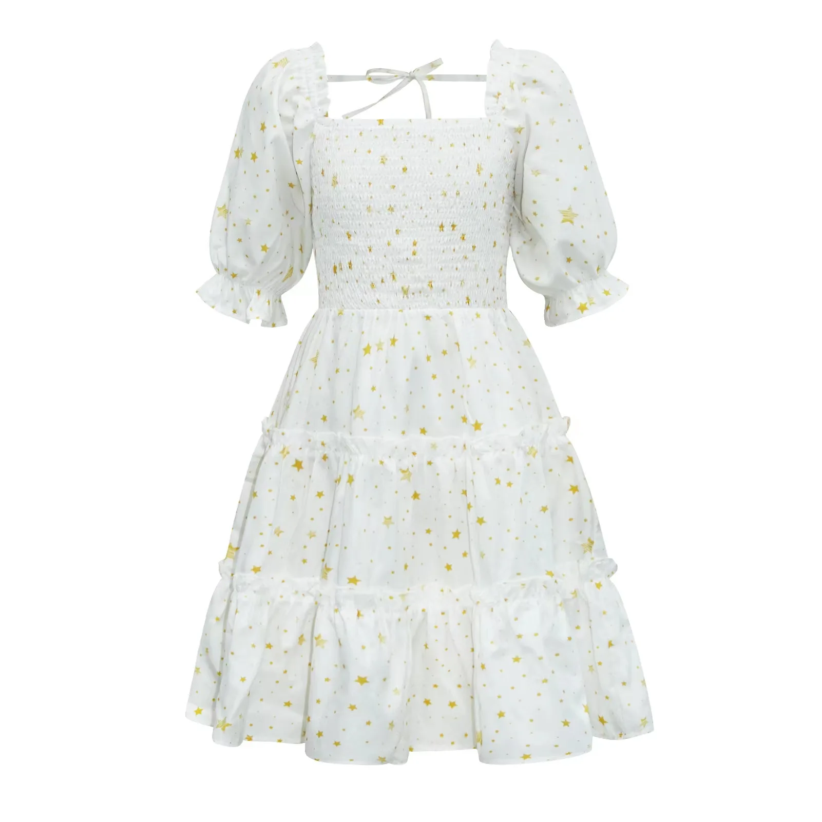 Платье для маленьких девочек в иностранном стиле, весна-осень 2022, хлопковое белое платье с пузырьковым рукавом и звездами