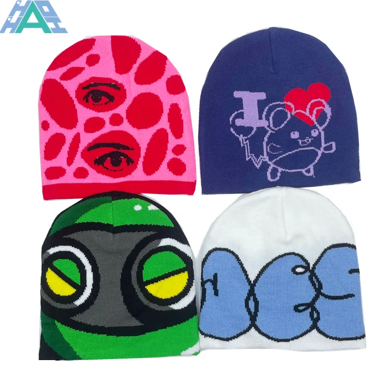100% Acrylic Winter Hats Custom Jacquard Knitted Beanie Hat Knitted Skull Beanie