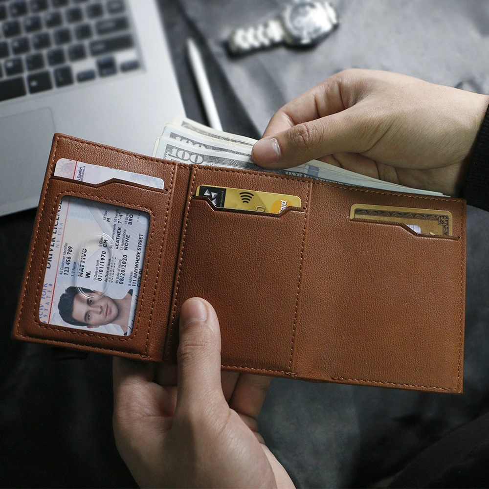 Minimalist Rfid Blocking Aluminium Case Pop Up Credit Card Holder Wallet PU Leather Aluminium Wallet For Men