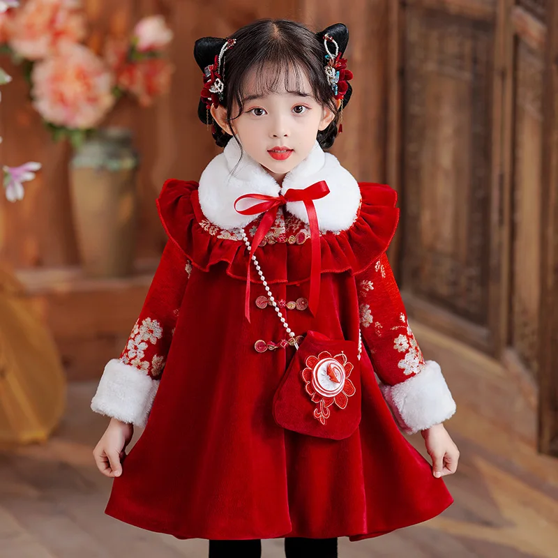 Red girls hanfu winter midi dress chinese style turn down collar princess dress