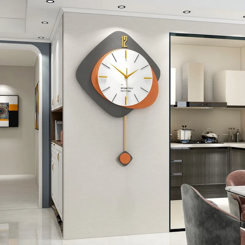 Metal Pendulum clock modern light luxury wall clock with brass scale color MDF clock face